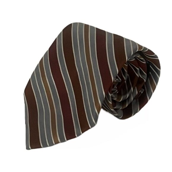 Jones New York 100% Silk Men’s Tie Brown Gray Striped Designer Neutral Necktie - Picture 3 of 8